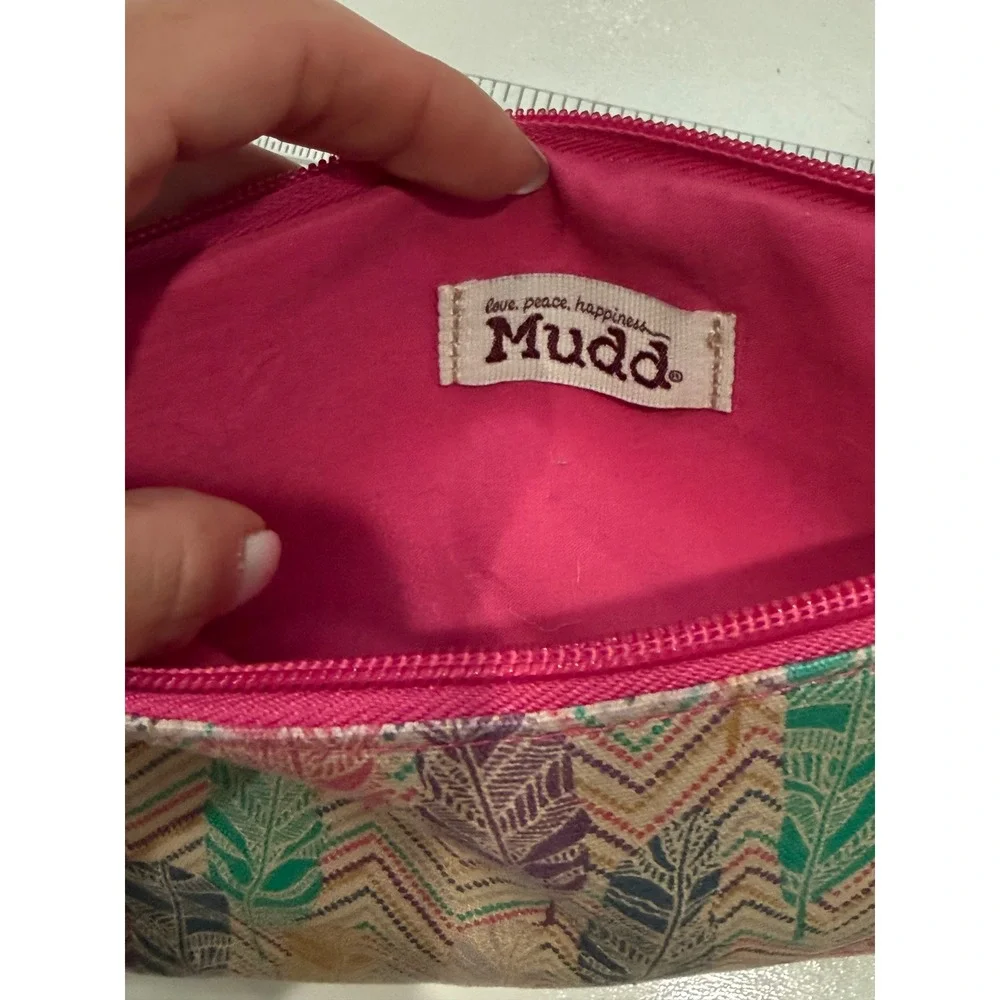 Mudd Boho Feather Chevron Canvas Makeup Bag Pencil Case Pink Multi Color Pouch